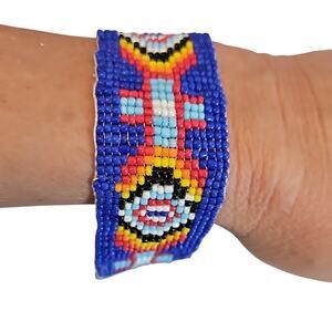 Vintage Hand Crafted Southwestern Seed Bead Blue Multicolor Bracelet Unisex